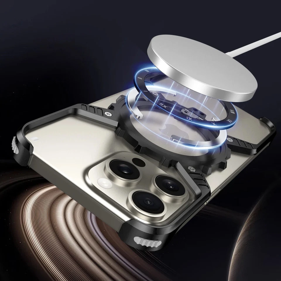 Estuche MagSafe de metal estilo X con soporte de anillo de engranaje sin borde para iPhone 15 16 Pro Max Foto 4 de 4