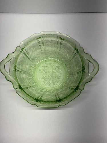 VTG Jeannette Cherry Blossom Serving Bowl 9” Double Handle Depression Glass Glow