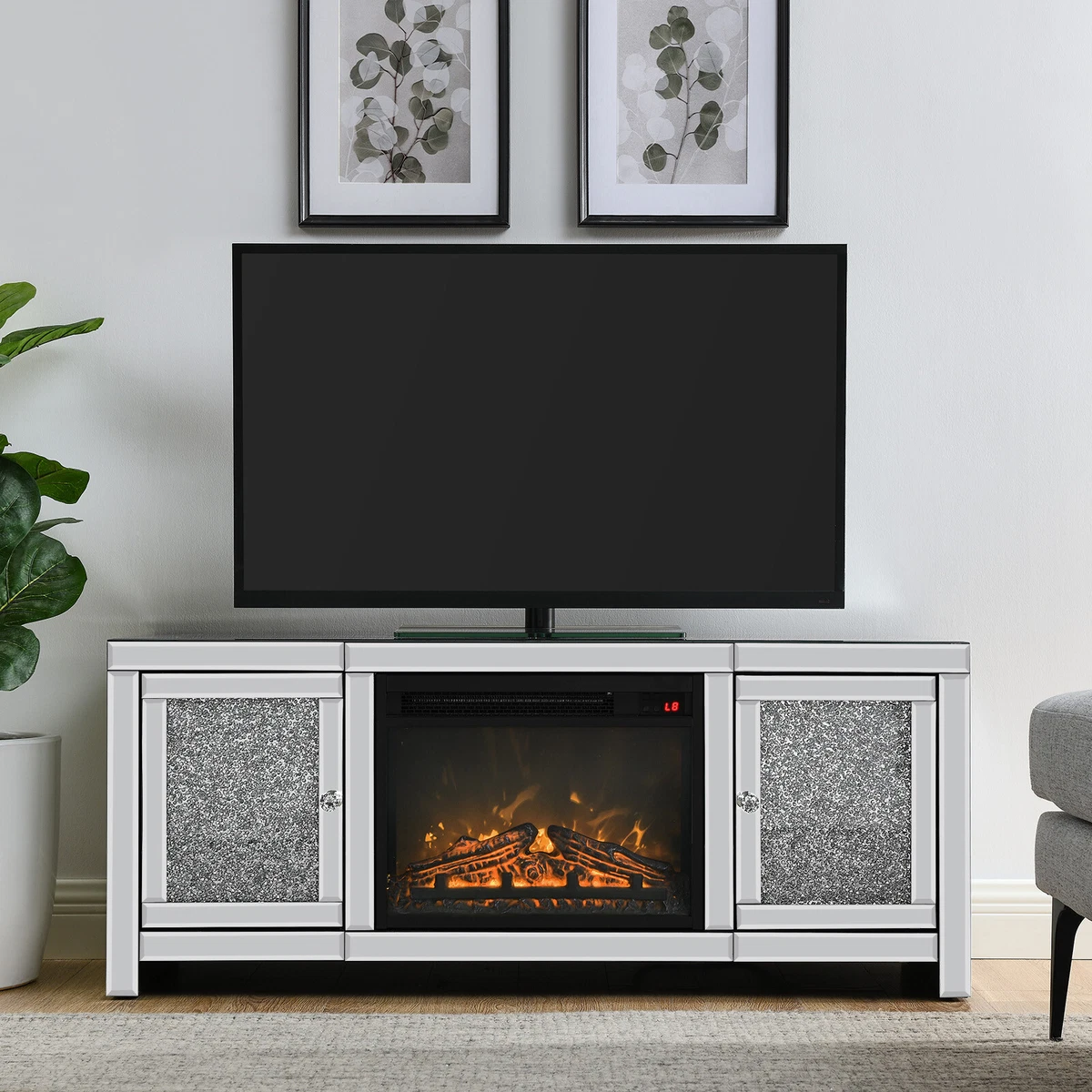 Mirrored entertainment center with fireplace deals