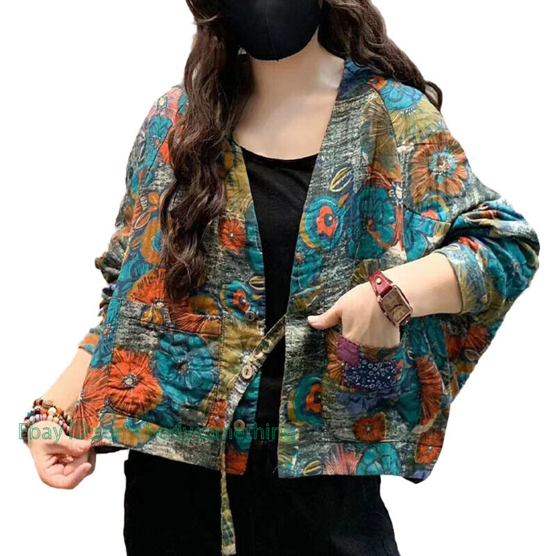 Women Winter Vintage Floral Linen Padded Jacket main image 1
