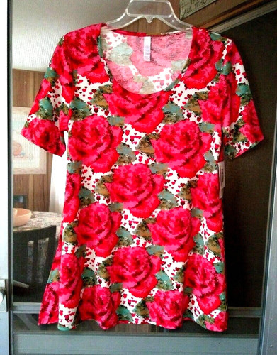NEW WOMEN'S LULAROE PERFECT T WHITE WITH FLORAL HEARTS PRINT SHORT SLEEVE TOP S 