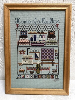 Fine Vintage Cross Stitch Sampler Home Of A Quilter Sanborn
