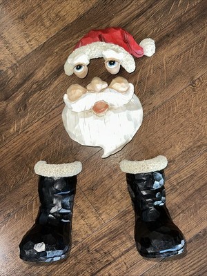 Vintage Set 4 Santa Boots Forest Tree Face Holiday Christmas Decor Polyresin
