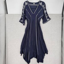 En Creme Dress Womens Sz S Blue Boho Fairy Embroidered Maxi Hanky Hem Rayon