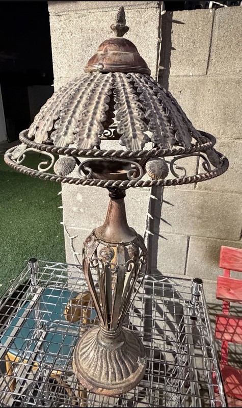 Vintage cast iron candle lamp, hand-wrought leaf design, collectible, 23" high