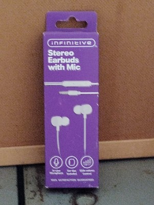 White Infinitive Stereo Earbuds w/ In-line Mic Control, Ear Tips, Slide Volume
