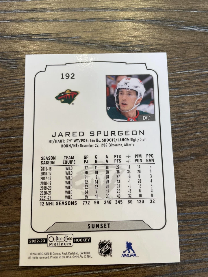 2022-23 O-Pee-Chee Platinum #192 Jared Spurgeon Pee-Chee Platinum - Sunset - Image 2 of 2