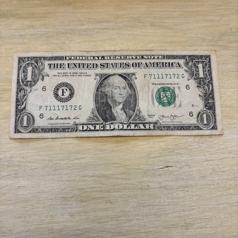 FANCY SERIAL NUMBER 1 DOLLAR BILL,  TRINARY NOTE, F 71117172 G 2013