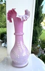 Opaline Bristol Pink Glass Hand Painted Floral Ruffled Top Vase Lilly Of Valley