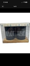 Rae Dunn Glass Makeup Brush Cup Holder set 3 Piece Black White Letters Wood Base