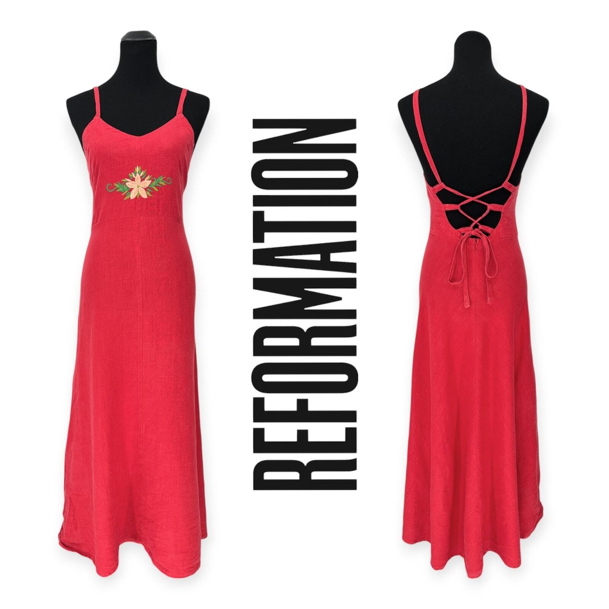 Reformation | 4 | Floral Embroidered Linen Feel Fit & Flare Lace Back Maxi  Dress | eBay