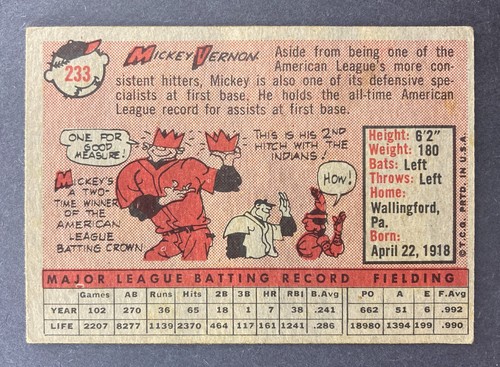1958 Topps #233 Mickey Vernon (Cleveland Indians) (A) - Picture 2 of 2
