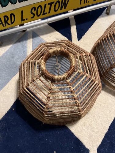 Vintage Mid Century Boho Lamp Shades Rattan Wicker 16” Geometric Super Cute Pair - Picture 15 of 17