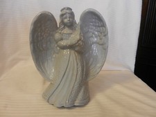Gray Ceramic Garden Angel Figurine With Wings Spread, Holding Fruit