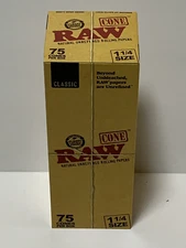 New! 75 COUNT - 1 1/4 SIZE - RAW CLASSIC PRE-ROLLED CONES - FACTORY BOXED!