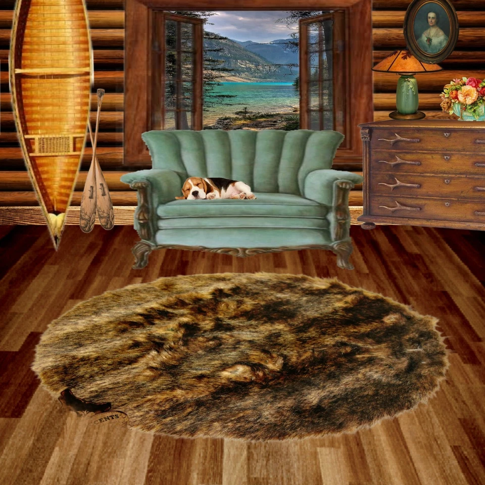 Deer Skin Faux Fur Rug - Bear - Wolf - Accent Throw Carpet - Sheepskin - Round  - Image 4 of 4