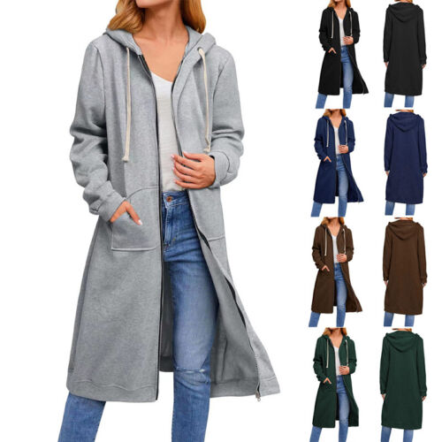 Women Ladies Long Hooded Hoodie Zip Up Pocket Jumper Fleece Coat Sweatshirt Tops