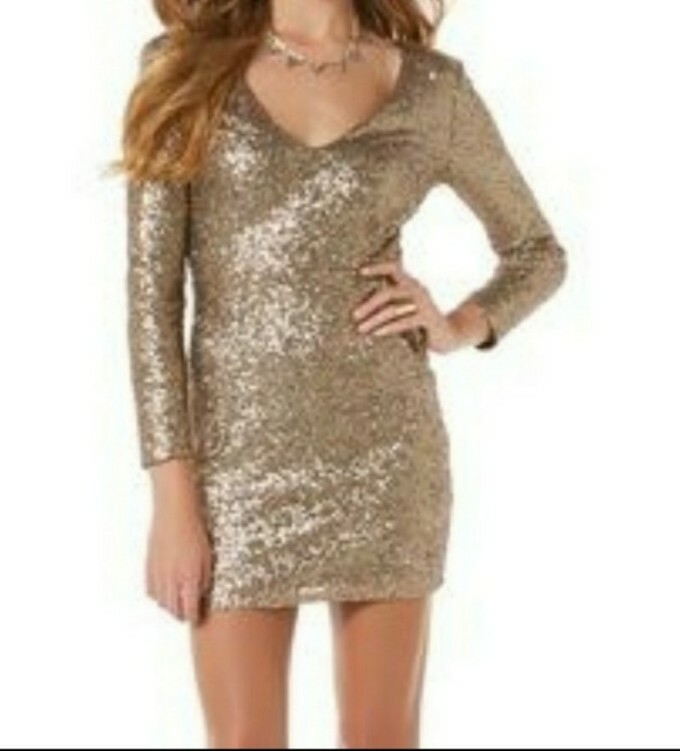 NWT BONGO 7 M GOLD SEQUIN LOW CUT EXPOSED ZIP BODYCON MINI SEXY SPARKLE  DRESS 2 | eBay