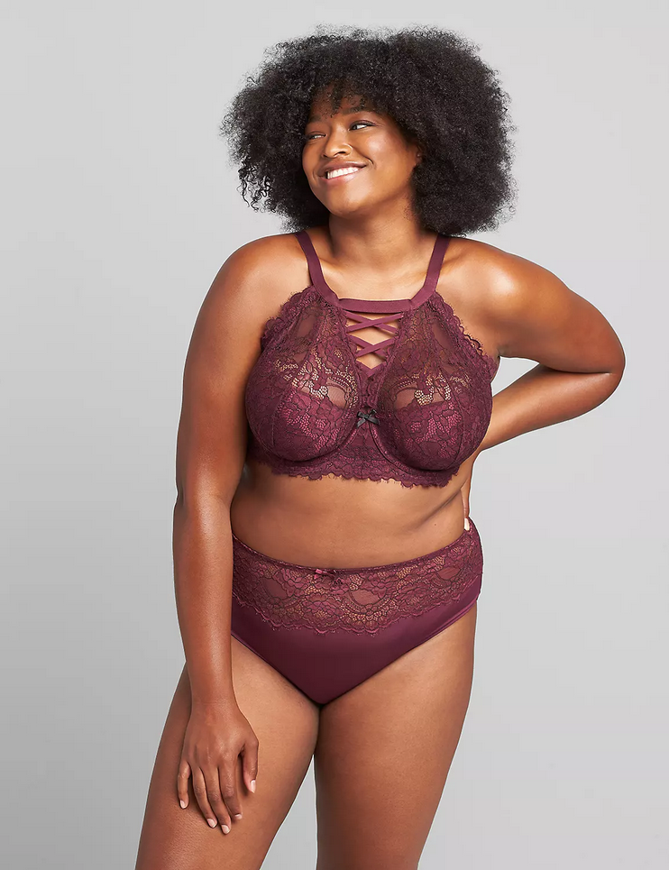 230625 LANE BRYANT GRAPE WINE LACE HIGH NECK FRENCH BALCONETTE BRA
