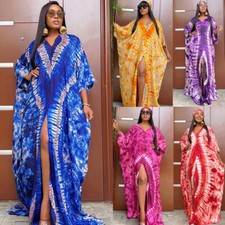 African Dashiki Women Dress Dashiki Floral Kaftan Abaya w/ Scarf Loose Robe Gown
