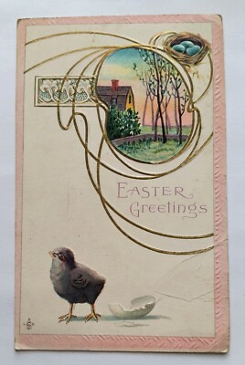 Easter Greetings Baby Chick Hatching from Egg Vintage 1912 Postcard D5