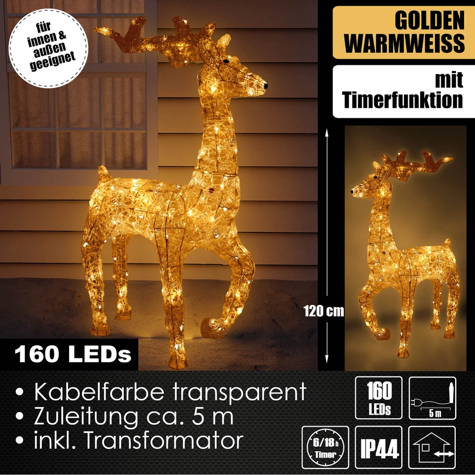 XXL LED Acryl Hirsch Weihnachtsfigur 120cm beleuchtet Weihnachtsdeko Außen/Innen - Bild 2 von 4