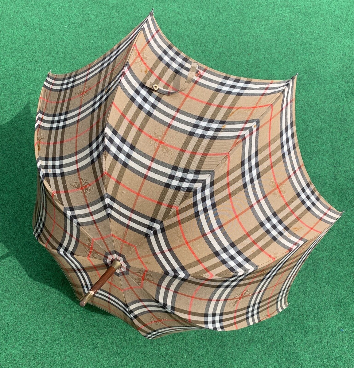 Burberrys Nova Check Wooden Handle Brass Umbrella Parasol