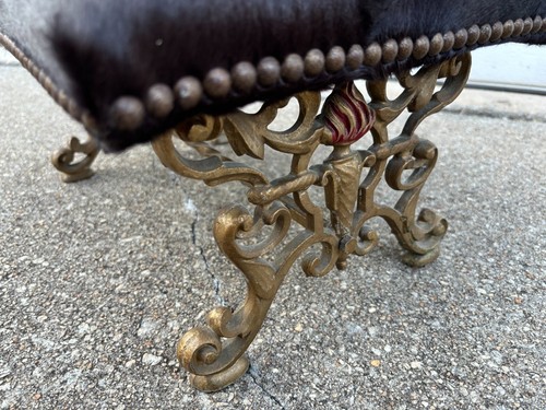 Victorian Style Cast Iron Base Hair on Hide Upholstered Foot Stool Ottoman - Picture 7 of 8
