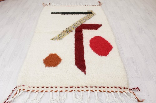 Handgeknüpfter Teppich 3'x5' Marokkanische Berber Weiß Rot Teppich Wohnzimmer Weiche Wolle Vorleger - Bild 2 von 12