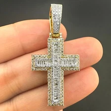 Natural Diamond Round Baguette 10K Yellow Gold Cross Pendant 1.2"- 1.8"