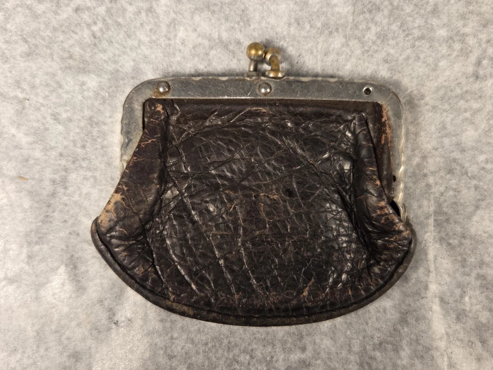 Лот из 2 антикварных кожаных кошельков для монет застежки Kiss - Изображение 2 из 4