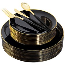 150pcs Black Plastic Plates, Black and Gold Plates,Gold Plastic Silverware,Bl...