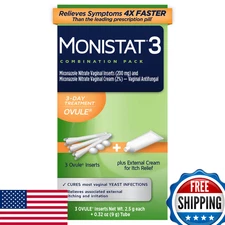 Monistat 3-Day Yeast Infection Treatment for Women, 3 Ovule Inserts & Itch Cream