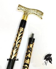 Vintage Wooden Walking Stick Handmade Carved Cane Men Women Derby Brass Handle