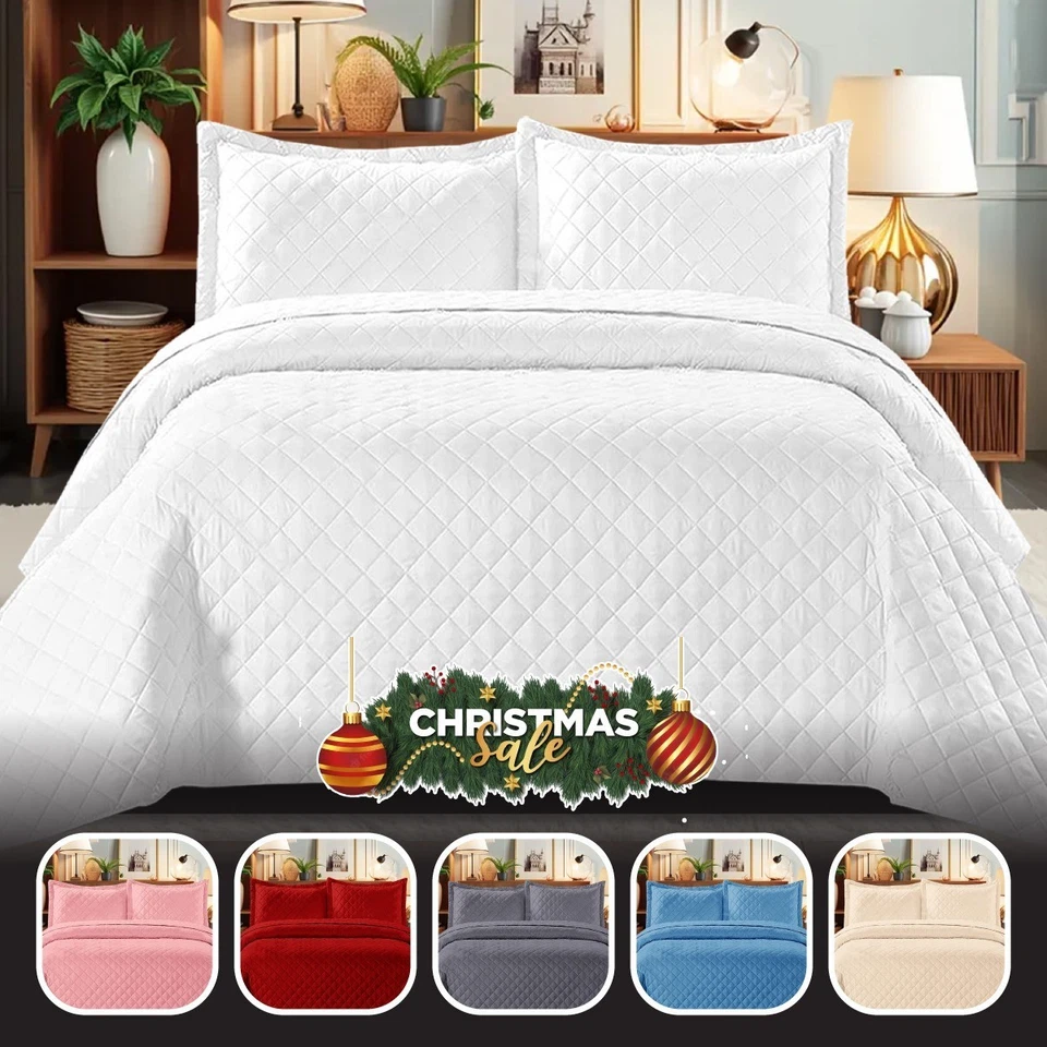 Quilted Bedspread 3 Piece Embossed Bed Throw Single Double King Size Bedding Set - Image 1 of 4