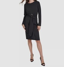 Halston Women's Black Round-Neck Belted Long-Sleeve Sheath Dress Size 2