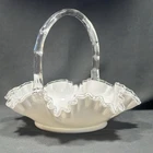 Vtg Large White Milk Glass Basket Clear Glass Ruffled Edges & Applied Handle