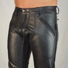 Men's Real Leather Highway Police Uniform Breeches Black Leather Pants Cowhide