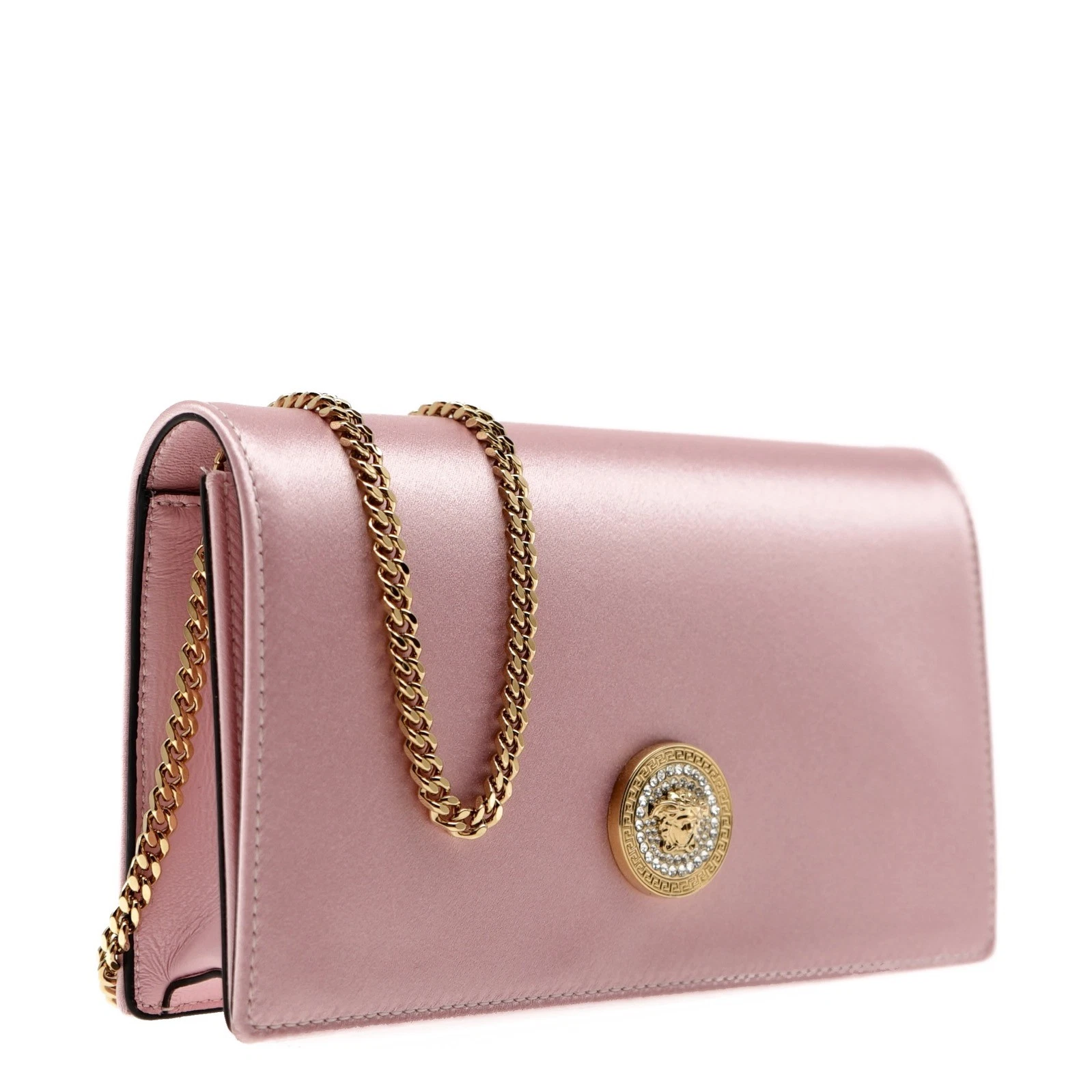 Versace — Versace Medusa Crystal Chain Crossbody Pink Satin Fabric New