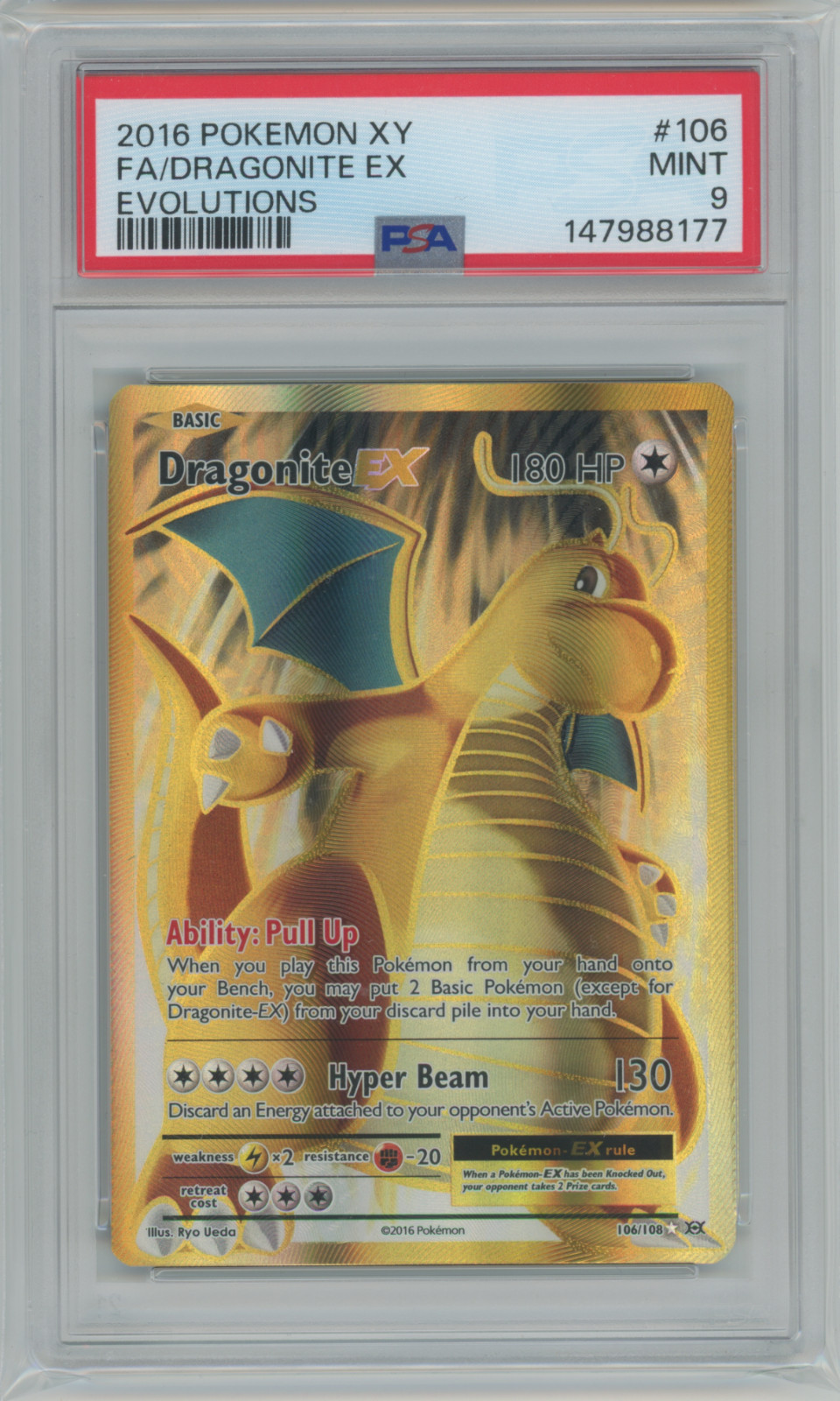 2016 Pokemon XY Evolutions #106 Dragonite EX Full Art PSA 9 Mint