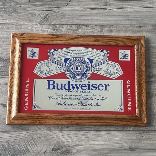 Vintage BUDWEISER Beer Bar Wood Framed Mirror "King of Beers" 1987 18" x 12" USA
