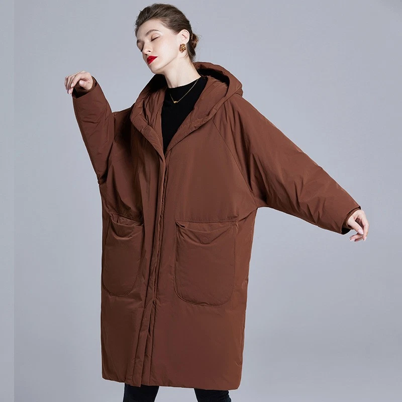 90% White Duck Down Loose Long Hooded Down Jacket Womens Windproof Warm Jackets - Image 3 of 4