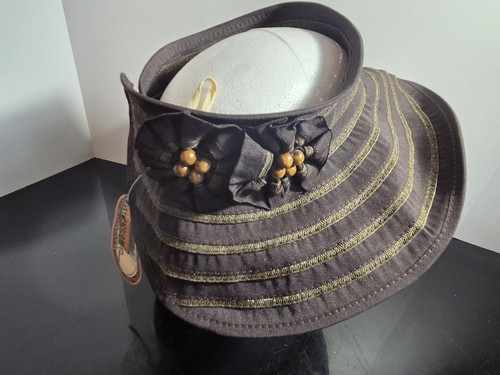 NWT Scala Wide Brim Packable Hat Brown Flowers One Size Travel Adjustable. - Picture 4 of 16