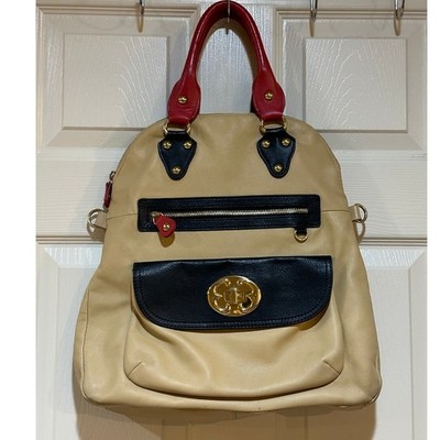 Emma Fox Leather Colorblock Satchel Backpack Beige Black Red Gold Turn Lock
