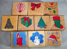 Lot of 10 Christmas Rubber Stamps, mounted on wood, 1.25" Tree, Snowman, Present