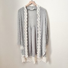 Altar'd State A'REVE Women's Boho Open Cardigan Medium Lace Hem Grey White