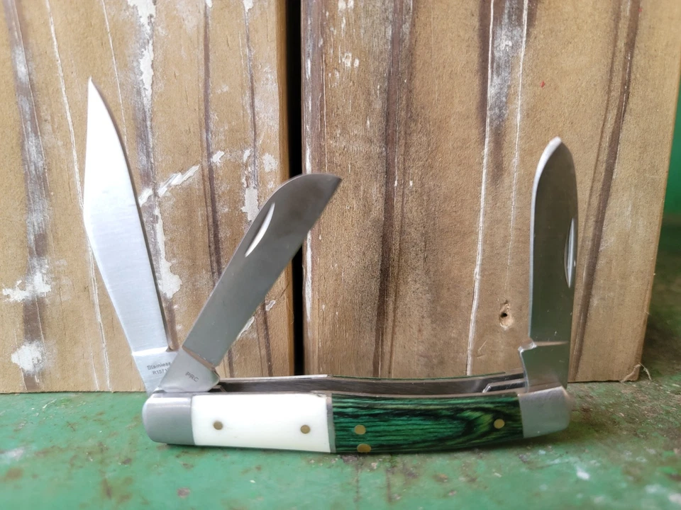 Navaja de Bolsillo Remington 3 Hojas Stockman Verde Y Blanco Hueso Mango Pato Foto 3 de 3