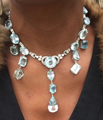 Huge Chistick 149 ct aquamarine diamond 14k gold Platinum necklace choker  14in