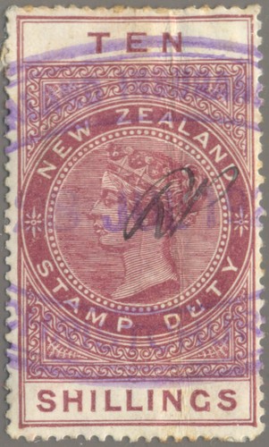 1882 New Zealand QV 10/- STAMP DUTY revenue stamp, perfor 14 ½