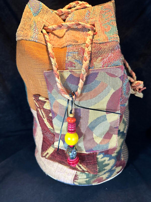 Hand Crafted BOHO Cloth Quilt Work Round Tote Sack Bag Artist Signed Shanny Bag